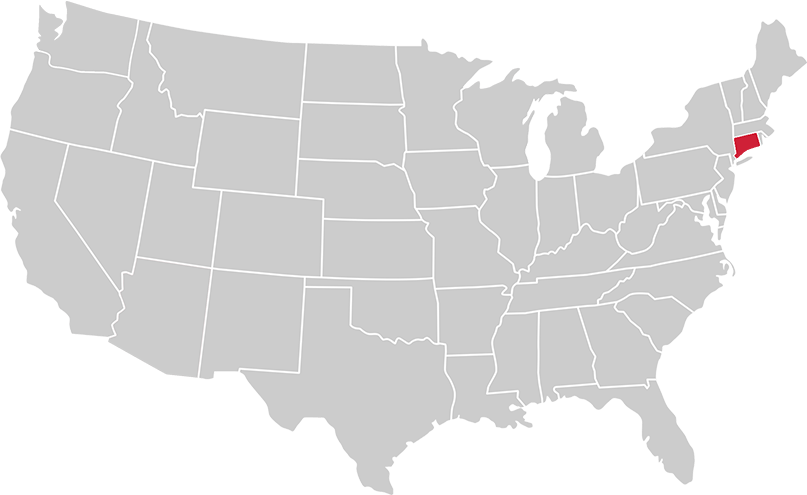 United States map with state of Connecticut highlighted in Red