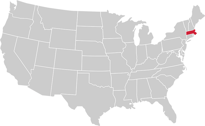 United States map with state of Massachusetts highlighted in Red