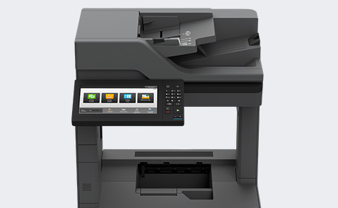 Front view of the MX-B557F printer showing the duplexing document feeder