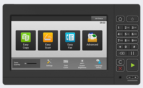 MX-B557F panel showing Easy Copy, Easy Scan, Easy Fax, and Advanced buttons