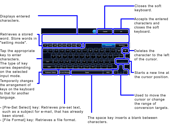 NAMES AND FUNCTIONS OF SOFT KEYBOARD KEYS