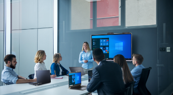 Image of a woman in front of a Windows collaboration display from Sharp (WCD) presenting to a group of people sitting around a conference table