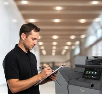 Technician evaluating a printing system.