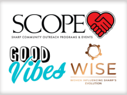 collage of Sharp Business resource group logos - SCOPE, WISE, and Good Vibes