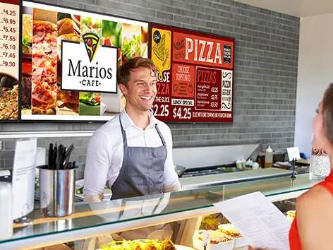 large format displays in a pizza restaurant