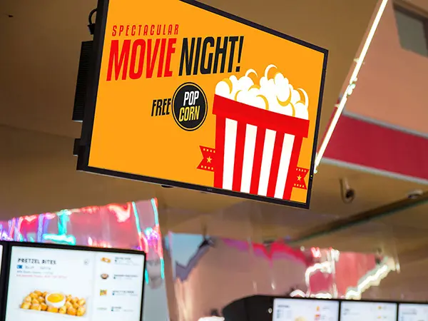A digital display showing a movie night and popcorn advertisement
