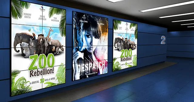 Digital displays showing movie posters