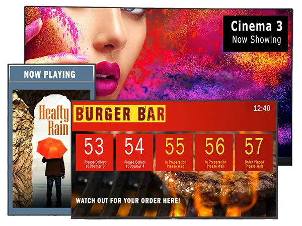 3 large screen displays showing advertisements for a theater