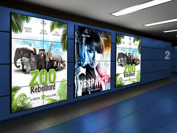 A video wall displays on the inside of a theater