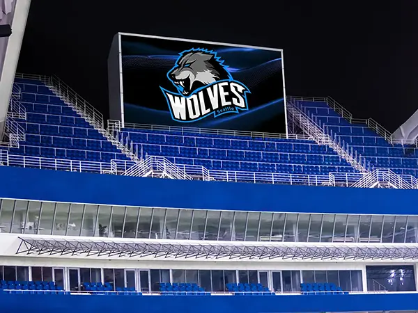 Seattle Wolves logo on an LED display in an empty stadium