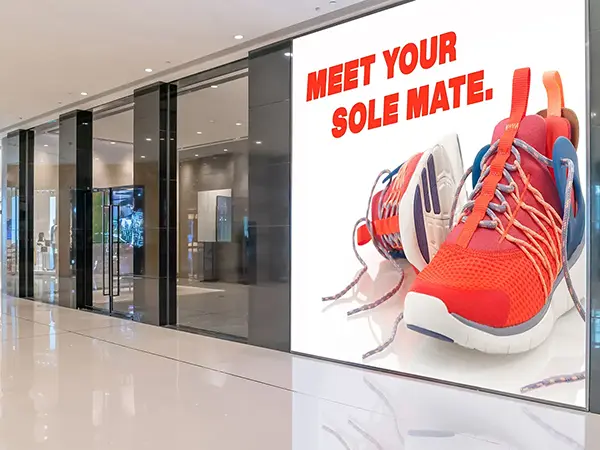 Advertisement for sneakers on a digital display in a mall