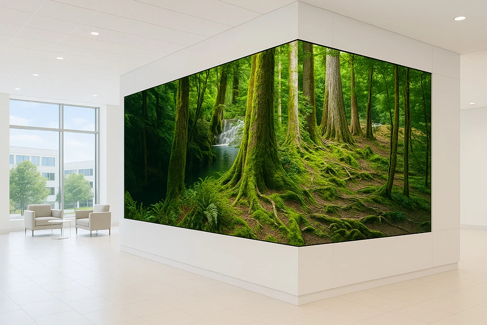 A large mural of a lush green forest with a waterfall is displayed using a direct view led display in a modern office space.