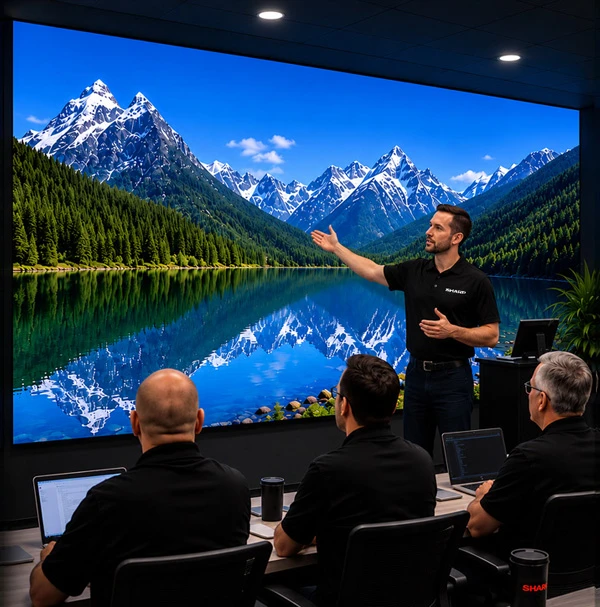 A man is giving a presentation in a conference room with a direct view LED displaying a scenic mountain and lake view, while four attendees listen.