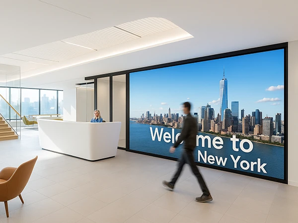A modern reception area with a large direct view LED displaying 'Welcome to New York' and a view of the city skyline.