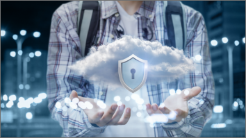 Image of a student with a cloud and security icon over his hands