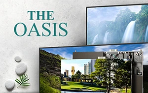 The image features the text 'The Oasis' along with images of waterfalls and landscapes displayed on Sharp large format displays.