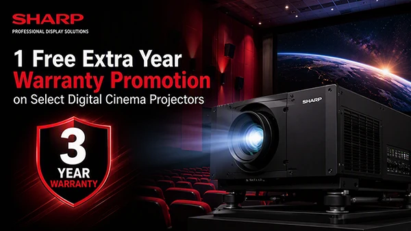 The image features a cinema setting with a close-up of a Sharp digital cinema projector. The text promotes a warranty promotion, highlighting '1 Free Extra Year' and '3 Year Warranty' in bold red letters.