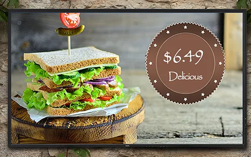 Display on a wall showing a sandwich and a price in a round circle