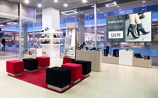 Seating area inside a shoe store