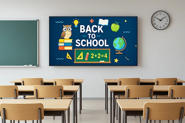 An empty classroom with several wooden desks facing a green chalkboard. A large screen display monitor on the wall displays 'BACK TO SCHOOL' with illustrations of an owl, books, an apple, a globe, and mathematical symbols.
