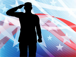 Image of a silhouette of a soldier saluting an American flag
