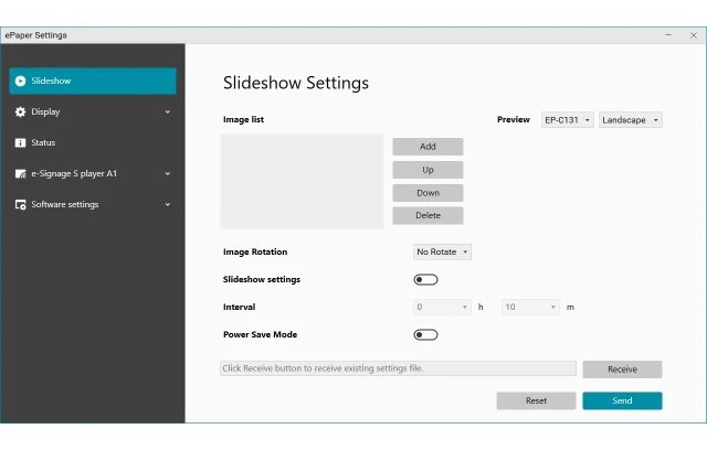 Epaper Settings Tool Slideshow Settings tab including the following options: add images to an image list, preview images on an ePaper display, set the image rotation, turn on slideshow option to change the time interval of the image slideshow, turn on Power Save mode and an area to select and receive an existing settings file
