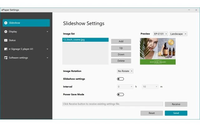 Slideshow Settings tab in ePaper Settings tool showing one image listed in the slideshow image list and additional options to adjust how the images are presented in the slideshow