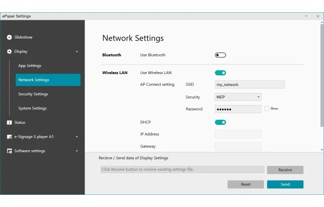 Network Settings tab in ePaper Settings tool showing options to set both Bluetooth and Wireless LAN functionality