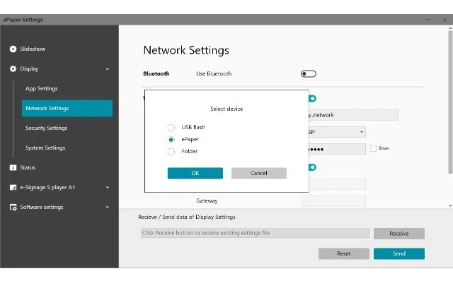 Network Settings tab in ePaper Settings tool showing a dialog box to select device and the following options: USB Flash, ePaper, or Folder.  The ePaper option is selected.