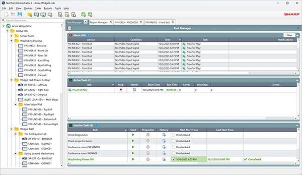 Screenshot of the NaViSet Administrator management console displaying a device hierarchy, alert history, proof-of-play monitoring, and scheduled device management tasks for networked displays.