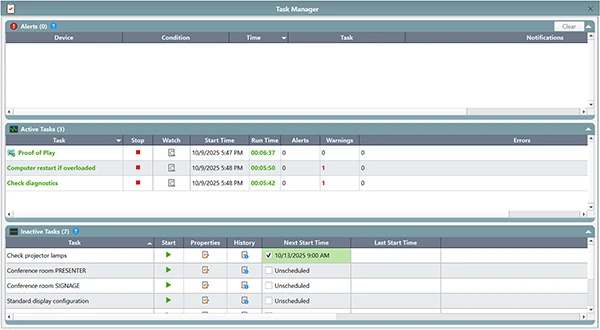 Screenshot of the NaViSet Administrator Task Manager showing active monitoring tasks, task run times, warning counts, and scheduled maintenance activities.