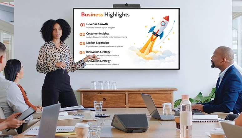 A presentation scene featuring a woman standing in front of an Aquos Board, displaying business highlights, while six people sit at a table engaged in the discussion