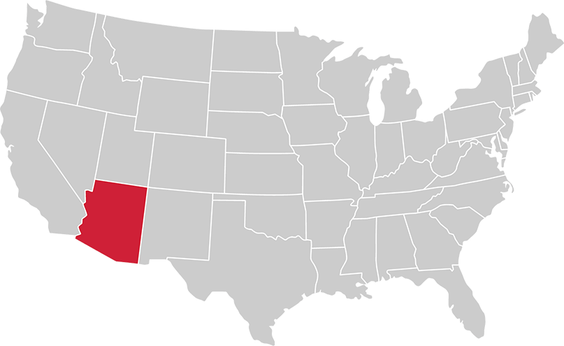 United States map with state of Arizona highlighted in Red
