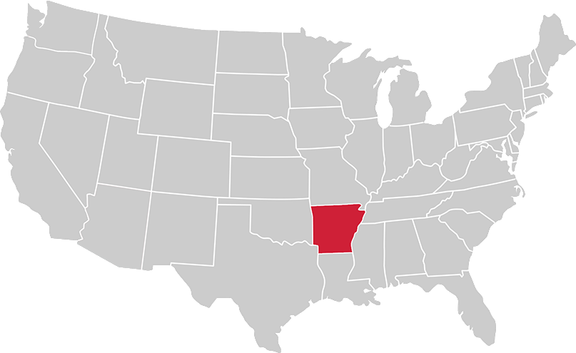 United States map with state of Arkansas highlighted in Red