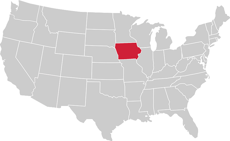 United States map with state of Iowa highlighted in Red