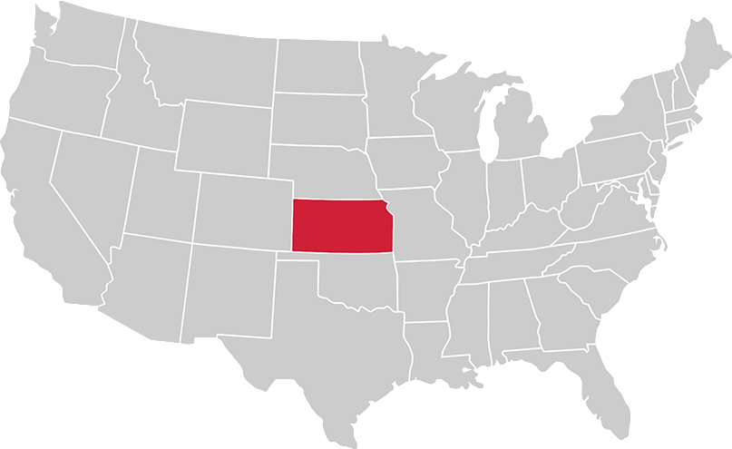 United States map with state of Kansas highlighted in Red