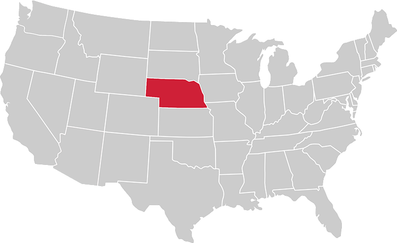United States map with state of Nebraska highlighted in Red