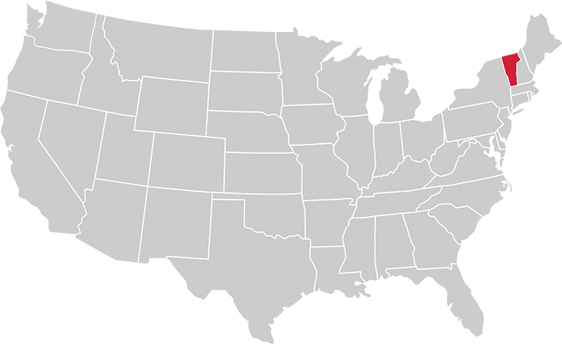 United States map with state of Vermont highlighted in Red