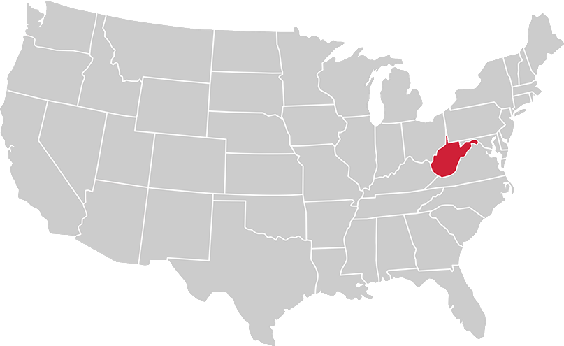 United States map with state of West Virginia highlighted in Red